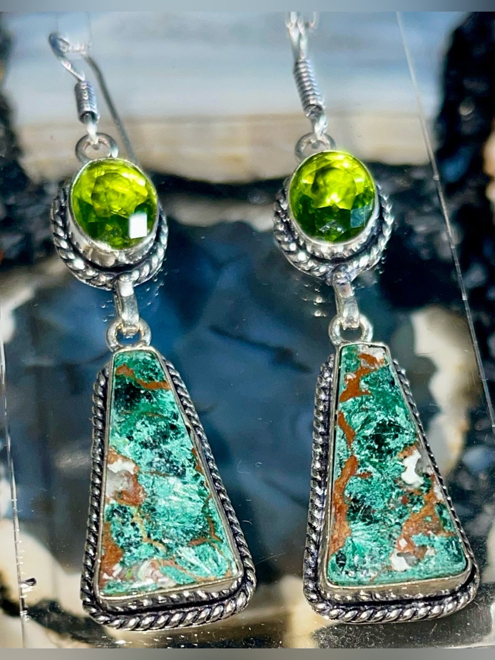 Bright Green Chrysocolla Malachite Earrings 2 1/2”